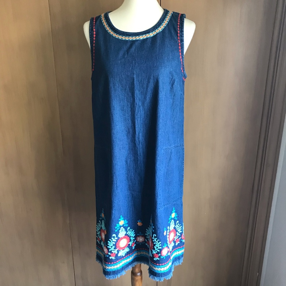 JJill Embroidered Denim Sleeveless Dress Size Small